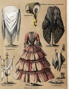 Descripción de la cultura y productos de la seda: una lima en crepé de China, un abrigo de terciopelo con encaje, mangas de seda y un vestido de fantasía. Placa “la soie” en “les Recreations instructives” Pintura sinóptica de Jules Delbruck, grabado de 186 de French School