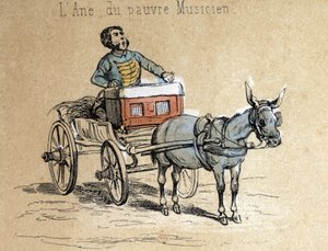 Descripción de los diferentes productos y usos del burro: el animal acompaña al músico ambulante (detalle). Placa 