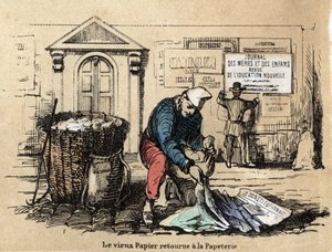 Descripción de los diferentes productos y usos del papel: el papel viejo se recoge para convertirse nuevamente en trapo. Placa “El papel y sus productos” en “les Recreations instructives” Pintura sinóptica de Jules Delbruck, grabado de 1860. Colección priv
