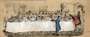 Descripción de los diferentes productos y usos de la vaca: productos de la vaca (queso, carne de res) en la mesa de un buffet mundano durante un baile. Placa “La vaca y sus productos” en “Las recreaciones instructivas” Pintura sinóptica de Jules DELBRUCK