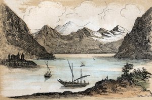 Descripción de los diferentes tipos de paisajes y relieves según la geografía: detalle que representa el Lago de Ginebra. Placa “Geografía Física” en “les Recreations instructives” Pintura sinóptica de Jules DELBRUCK, grabado de 1860. Colección privada de French School