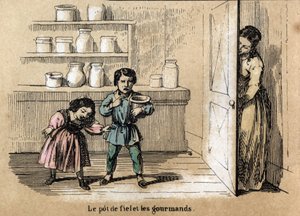 Descripción de los cinco sentidos: detalle del gusto, dos niños golosos atrapados por su madre que esconde una olla con sabor amargo entre los otros frascos de azúcar. Placa “Los cinco sentidos” en “les Recreations instructives” Pintura sinóptica de Jules  de French School