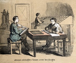 Descripción de los cinco sentidos: detalle del tacto, jóvenes ciegos usan el tacto para descifrar textos a través del alfabeto Braille, un sistema de escritura táctil. Placa “Los cinco sentidos” en “Les Recreations instructives” pintura sinóptica de Jules  de French School