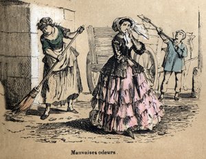 Descripción de los cinco sentidos: olfato, una burguesa tapándose las fosas nasales para no oler los malos olores del estiércol y el excremento. Placa “Les cinq sens” en “les Recreations instructives” Pintura sinóptica de Jules Delbruck, grabado de 1860. de French School