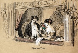 Descripción de los cinco sentidos: olfato, espectadores en un palco de ópera, bañados en la fragancia de flores y tabaco. Placa “Los cinco sentidos” en “Las recreaciones instructivas” Pintura sinóptica de Jules Delbruck, grabado de 1860. Colección privad