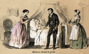 Descripción de los cinco sentidos: tacto, un médico tomando el pulso de una niña enferma. Placa “Los cinco sentidos” en “Las recreaciones instructivas” Pintura sinóptica de Jules Delbruck, grabado de 1860. Colección privada de French School