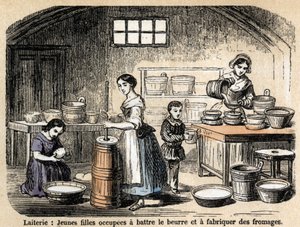 Descripción de los diversos trabajos y productos de la oveja: jóvenes lecheros haciendo mantequilla y quesos en una lechería. Placa “Las ovejas” en “les Recreations instructives” Pintura sinóptica de Jules DELBRUCK, grabado de 1860. Colección privada de French School