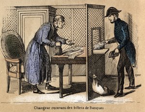 Descripción de los diversos productos y usos del papel: una transacción en el banco, un banquero recibe billetes de papel. Placa “Le papier et ses produits” en “les Recreations instructives” Pintura sinóptica de Jules Delbruck, grabado de 1860. de French School