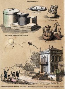 Descripción de los diversos productos y usos del papel: cajas de cartón y sombreros, naipes, juegos como cometas o globos. Placa “El papel y sus productos” en “Las recreaciones instructivas” Pintura sinóptica de Jules Delbruck, grabado de 1860. Colección de French School