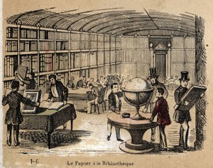 Descripción de los diversos productos y usos del papel: vista de una biblioteca que contiene obras en papel. Placa “El papel y sus productos” en “Las recreaciones instructivas” Pintura sinóptica de Jules Delbruck, grabado de 1860. Colección privada de French School