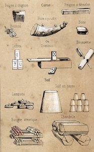 Descripción de los diversos productos y usos de la vaca: todo tipo de objetos hechos de cuerno y hueso, peines, juegos y cajas, velas y seguimientos. Placa “La coache et ses produits” en “les Recreations instructives” Pintura sinóptica de Jules DELBRUCK de French School