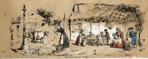 Descripción de los diversos productos y usos de la vaca: escena de la vida cotidiana en un pueblo. Placa “La vaca y sus productos” en “Les Recreations instructives” pintura sinóptica de Jules Delbruck, grabado de 1860. Colección privada de French School