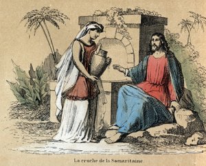 Descripción de las diversas etapas de fabricación y usos de la arcilla: Jesús y la Samaritana llevando una jarra de arcilla en la Biblia. Placa “La arcilla y sus productos” en “Les Recreations instructives” Pintura sinóptica de Jules DELBRUCK, grabado de 1