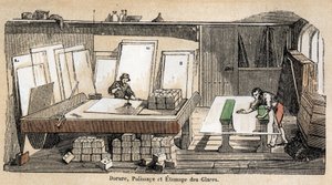Descripción de las diversas etapas de fabricación y uso del vidrio: un taller para dorar, pulir y estampar vidrio. Placa “El vidrio y sus productos” en “Les Recreations instructives” pintura sinóptica de Jules Delbruck, grabado de 1860. Colección privada de French School