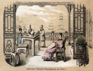 Descripción de las diversas etapas de fabricación y usos de la arcilla: un interior chino con porcelana de Pekín. Placa “La arcilla y sus productos” en “Les Recreations instructives” Pintura sinóptica de Jules DELBRUCK, grabado de 1860. Colección privada de French School