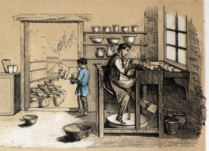 Descripción de las diversas etapas de fabricación y usos de la arcilla: un alfarero trabajando en el torno. Placa “La arcilla y sus productos” en “Las recreaciones instructivas” Pintura sinóptica de Jules DELBRUCK, grabado de 1860. Colección privada de French School