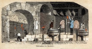 Descripción de las diversas etapas de fabricación y usos del vidrio: la fabricación de botellas en un taller de sopladores de vidrio. Placa “El vidrio y sus productos” en “Les Recreations instructives” Pintura sinóptica de Jules DELBRUCK, grabado de 1860.  de French School
