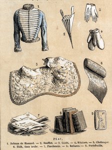 Descripción de los diversos usos y productos de la oveja: trabajo en cuero y representación de productos de piel de oveja, chaqueta de húsar, fuelle, guantes, encuadernaciones y pergamino, billetera y accesorios. Placa “Las ovejas” en “les Recreations inst de French School