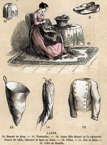Descripción de los diversos usos y productos de la oveja: tapicería y productos de lana, sombrero, pantuflas, medias de lana, chaleco de franela. en "Les moutons" en "les Recreations instructives" pintura sinóptica de Jules DELBRUCK, grabado de 1860. Colec