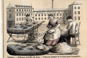 Descripción de los diversos usos y productos de la oveja: trabajadores cardando lana para colchones en el patio de una fábrica. Placa 