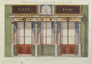 Diseño para la fachada del Café Turc, de una serie que representa los mejores edificios comerciales decorados en París, c.1810 de French School