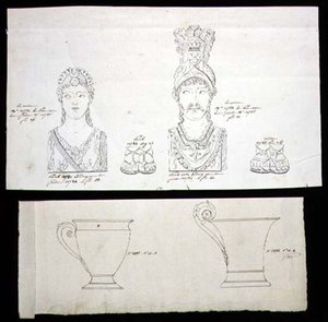 Diseños para monturas de muebles de bronce dorado y tazas de porcelana del Imperio Francés, c.1820 de French School