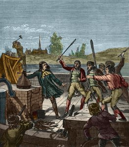 Destrucción del barco de vapor de Papin - Denis Papin (1647-1712) viendo su barco de vapor destruido por los barqueros de Muenden en 1707 - Grabado en “Ciencias al alcance de todos de French School