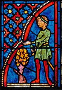 (detalle) de una ventana que representa escenas de la vida de Santa María la Egipcia de French School
