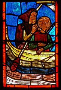 (detalle) de una ventana que representa escenas de la vida de Santa María la Egipcia