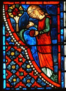 (detalle) de una ventana que representa escenas de la vida de Santa María la Egipcia de French School