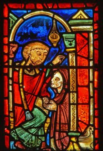 (detalle) de una ventana que representa escenas de la vida de Santa María la Egipcia