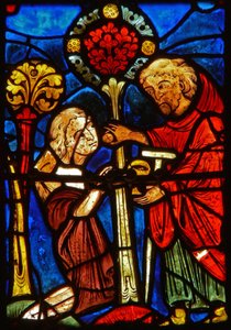 (detalle) de una ventana que representa escenas de la vida de Santa María la Egipcia