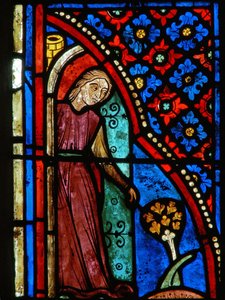 (detalle) de una ventana que representa escenas de la vida de Santa María la Egipcia de French School