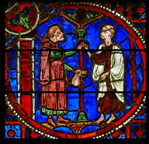(detalle) de una ventana que representa escenas del milagro de Teófilo de French School