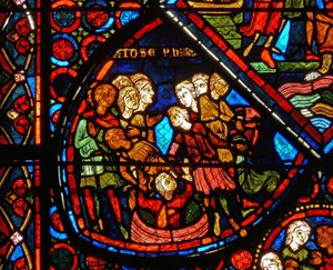 (detalle) de una ventana que representa escenas de la historia de José de French School