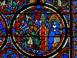 (detalle) de una ventana que representa la Pasión: Cristo siendo recibido en su entrada a Jerusalén de French School