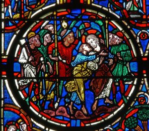 (detalle) de una ventana que representa la Pasión: la traición de Judas de French School