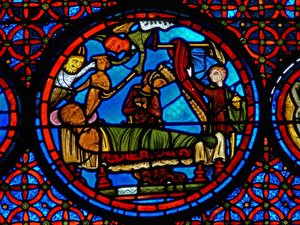 (detalle) de una ventana que representa la parábola de Lázaro y el rico de French School