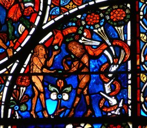 (detalle) de la parábola del Buen Samaritano: Adán y Eva siendo tentados por la Serpiente de French School