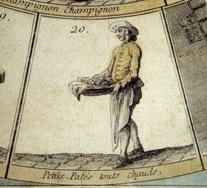 Detalle del juego de la Oca de los Gritos de París: comerciante de pasta caliente. Grabado del siglo XVIII. Coll. Salida de French School