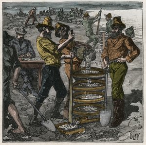 Lavado de diamantes en Sudáfrica en el siglo XIX. Grabado de 1885 en “Les arts et metiers illustres” por Adolphe BITARD. de French School