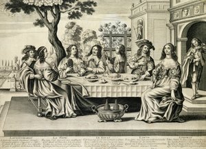 Comensales en una terraza con un jardín formal abajo, grabado por Balthazar Moncornet (c.1600-68)