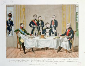Cena en Tilsit entre Federico Guillermo III de Prusia, el Zar Alejandro I de Rusia y Napoleón, quien brinda por la Reina de Prusia, 3 de junio de 1807