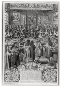Cena de Luis XIV (1638-1715) en el Hotel de Ville, 30 de enero de 1687, del Calendario del año 1688 de French School