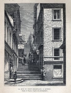 Descubre Canadá: Rue du Peute Champlain (Petity-Champlain) en Quebec. Dibujo de Taylor a partir de una fotografía. Grabado de finales del siglo XIX en "La nouvelle France" de Eugene Guenin. de French School