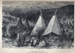Descubrimiento de Canadá: Campamento de indios americanos con tipis. Dibujo de Riou a partir de un boceto de Dixon. Grabado de finales del siglo XIX en "La nouvelle France" de Eugene Guenin. de French School