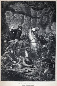 Descubrimiento de Canadá: Batalla de Monongahela en 1755 durante la Guerra de los Siete Años. Dibujo de Philippoteaux. Grabado de finales del siglo XIX en "La nouvelle France" de Eugene Guenin. de French School