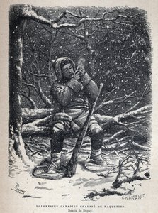 Descubrir Canadá: voluntario del ejército canadiense con raquetas de nieve. Dibujo de Dupuy. Grabado de finales del siglo XIX en 