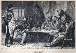 Descubre Canadá: Leñadores canadienses. Dibujo de Maillard. Grabado de finales del siglo XIX en "La nouvelle France" de Eugene Guenin. de French School