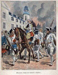 Descubrir Canadá: Louis Joseph de Montcalm (1712-1759) general francés herido durante el asedio de la ciudad de Quebec por los ingleses y llevado de regreso a Quebec en 1759. Grabado de finales del siglo XIX en 